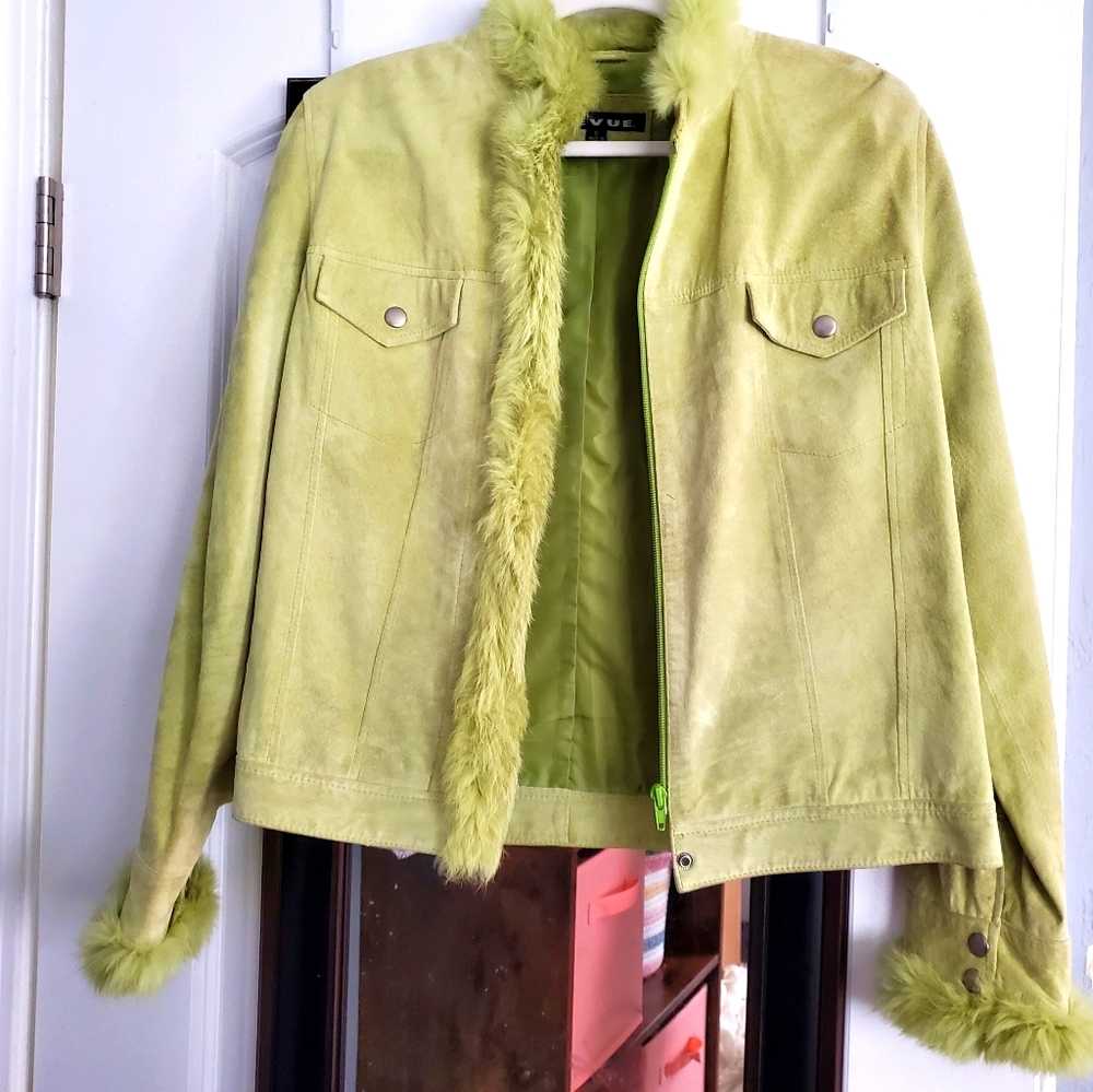 Leather jacket with rabbit fur trim
